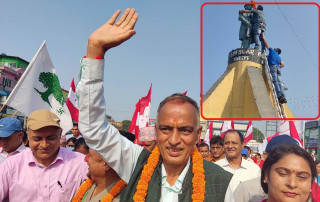 ओलीले अपमान गरेका लखन थापाको शालिकमा कांग्रेस नेता खेलराजले पहिर्याए माला