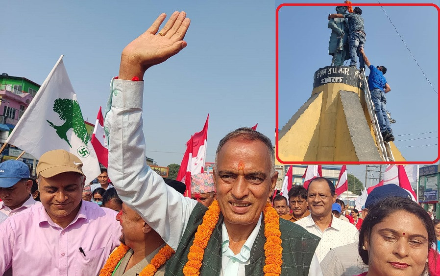 ओलीले अपमान गरेका लखन थापाको शालिकमा कांग्रेस नेता खेलराजले पहिर्याए माला