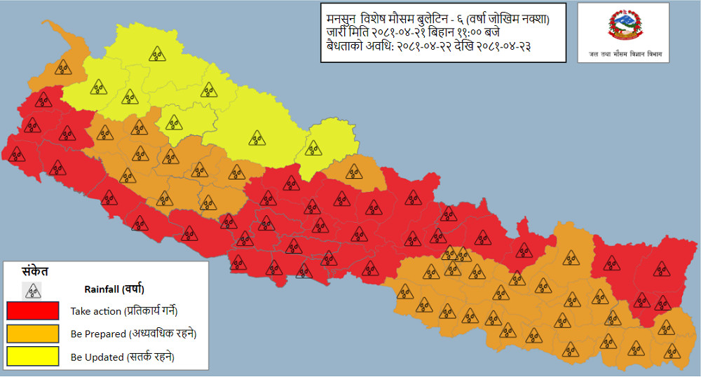 भाेलि र पर्सी देशभर वर्षा हुने,३४ जिल्लामा रेडअलर्ट !
